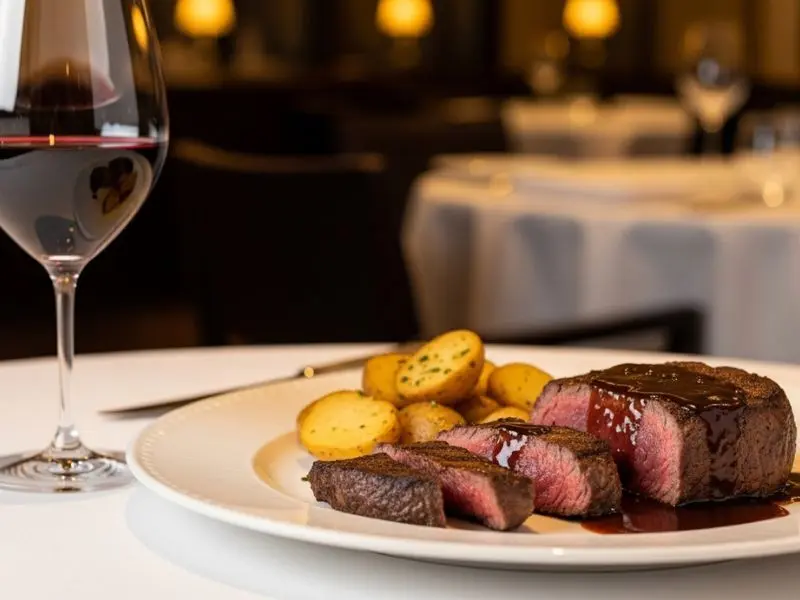 steak au poivre finalizado com molho e harmonizado com vinho tinto Bordeaux