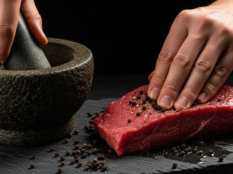 steak au poivre preparo da crosta de pimenta concassée pressionada no filé