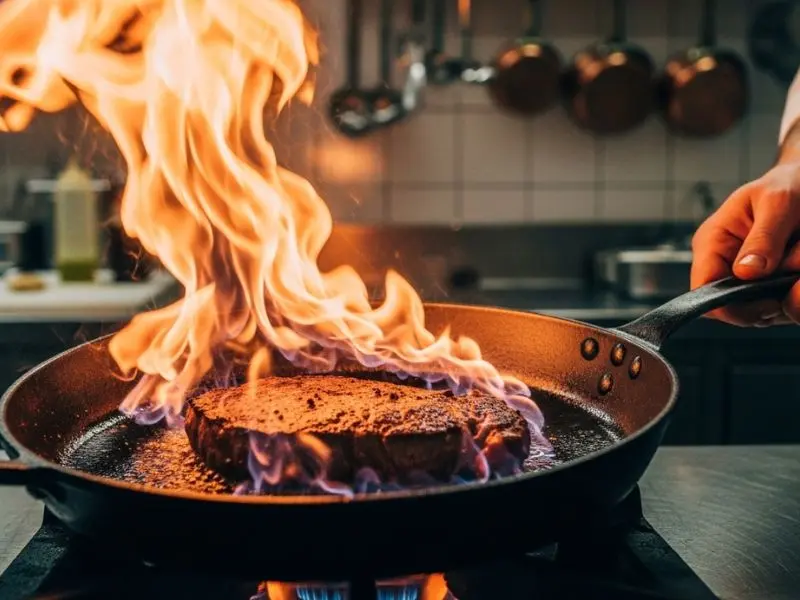  steak au poivre sendo flambado com conhaque em frigideira de ferro fundido 