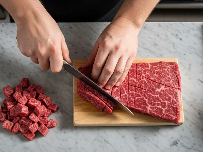 tartare de boeuf carne sendo cortada na faca em cubos precisos sobre mármore frio