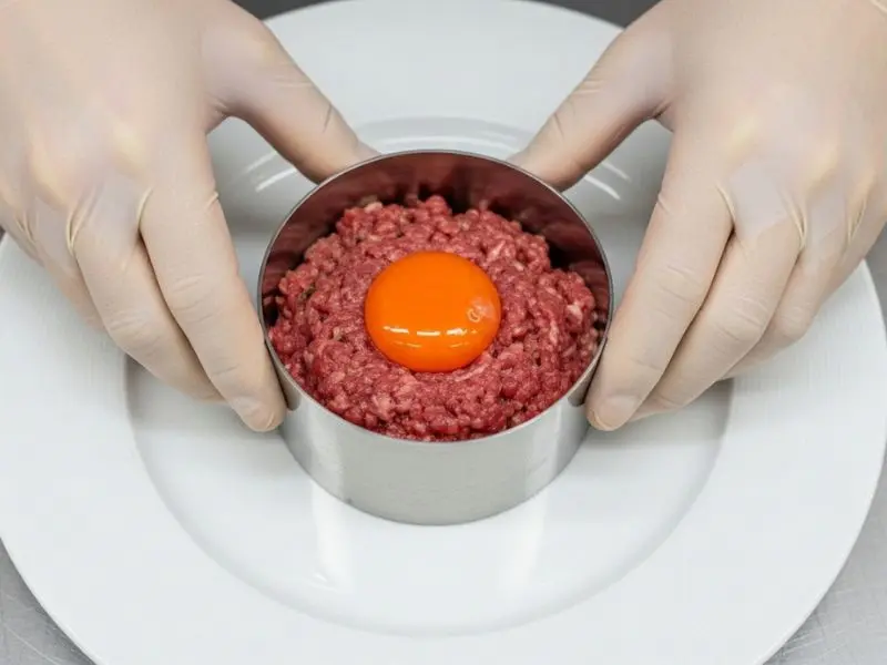 tartare de boeuf sendo montado com aro de inox em cozinha profissional 