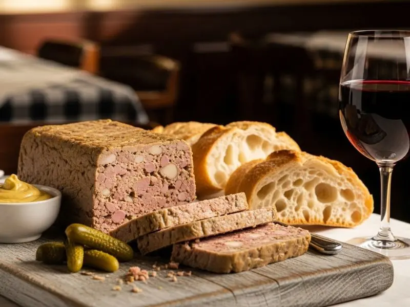 terrine de campagne fatiada com cornichons mostarda baguete harmonizada com Beaujolais tinto