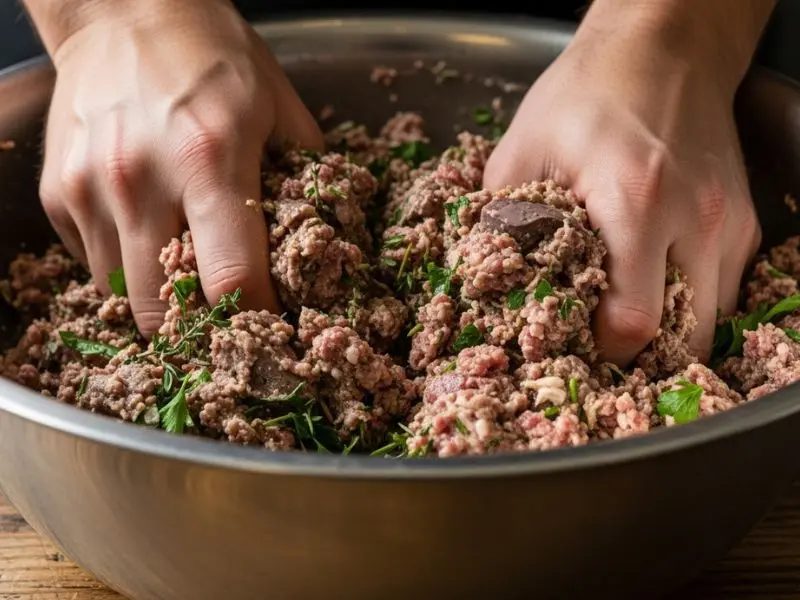  terrine de campagne mistura de carnes moídas fígado e ervas em bowl de inox 