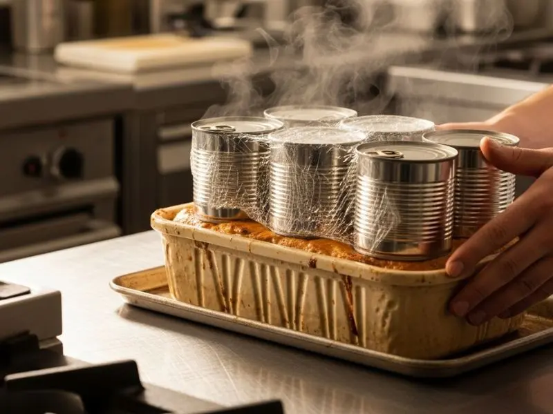 terrine de campagne sendo prensada com peso após o forno para compactar a textura 