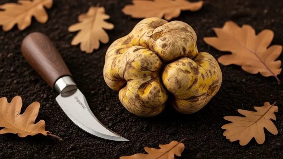 Tuber magnatum Pico — a trufa branca de Alba. Superfície irregular, coloração ocre, aroma que não existe em nenhum outro lugar