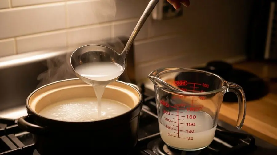 "Água de cozimento turva sendo reservada — o amido dá a textura aveludada ao molho do cacio e pepe"