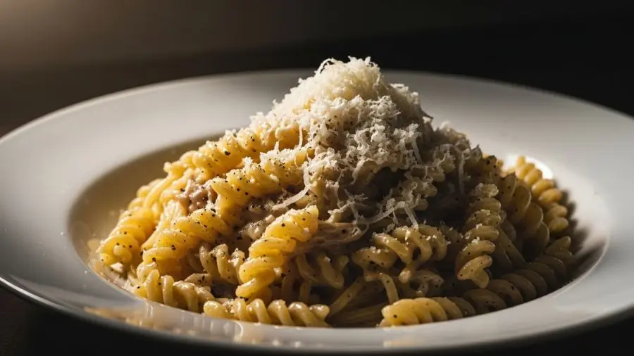 "Cacio e pepe finalizado emplatado — molho aveludado, pimenta visível, Pecorino fino sobre a massa" 
