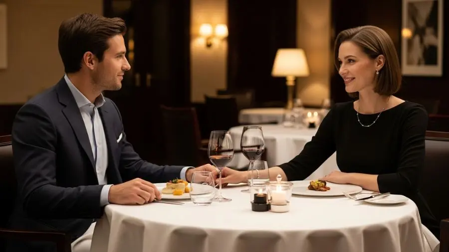 Casal elegante conversando durante jantar em restaurante sofisticado.