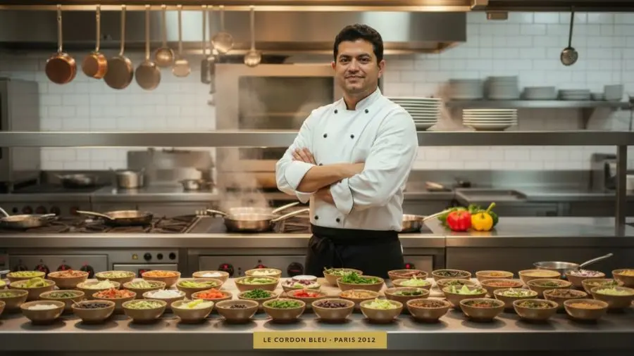 "Chef Rafael Monteiro em cozinha profissional após serviço" 