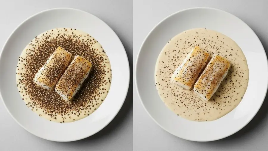 "Comparação de moagem grossa vs moagem fina de pimenta-do-reino no mesmo prato de peixe"