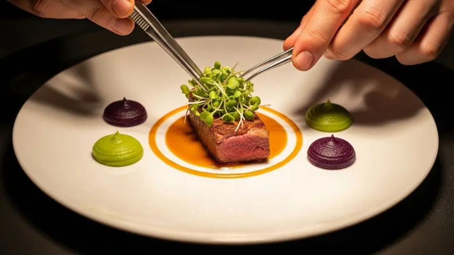 "Finalização de emplatamento em cozinha de alta gastronomia — precisão de posicionamento com pinça" 