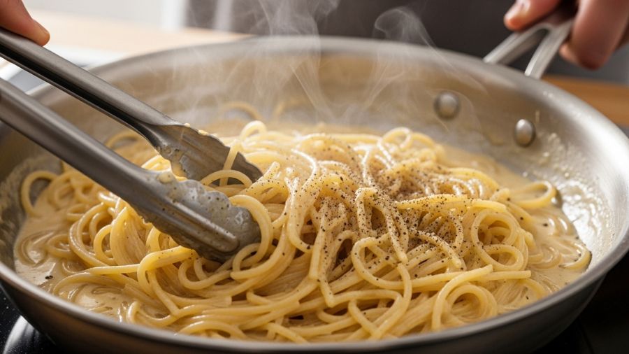 "Finalização do cacio e pepe na frigideira — molho aveludado envolvendo a massa com pinças" 