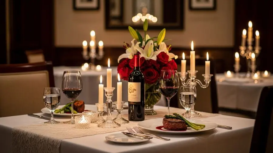 Mesa de jantar romântico com vinho servido à luz de velas.