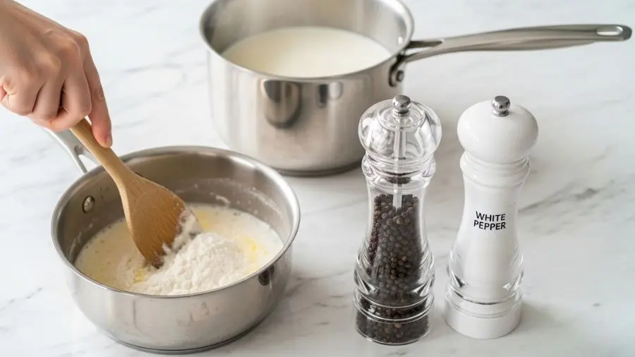 "Molho béchamel em preparação com moinho de pimenta branca — uso correto em molho claro"