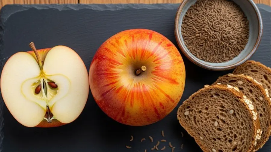 "Munster AOP cortado ao meio com interior cremoso, sementes de caraway e pão de centeio"