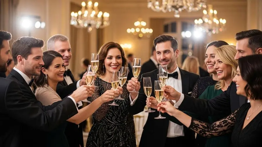 Pessoas brindando com taças de espumante em uma celebração.