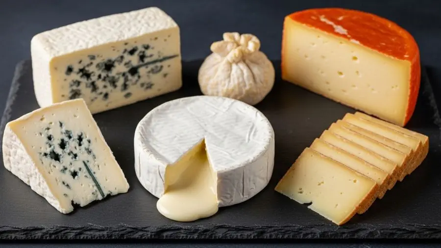 "Plateau de fromages com cinco queijos franceses de famílias distintas — Brie, Comté, Roquefort, Chèvre e Munster"
