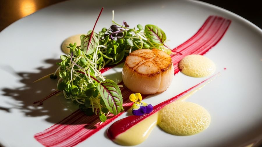 Prato sofisticado com apresentação minimalista típico de alta gastronomia.