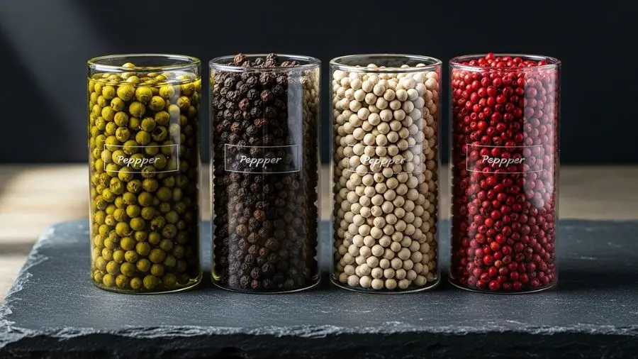 "A mesma Piper nigrum em quatro estágios de maturação e processamento. O sabor e a aplicação de cada uma são distintos."