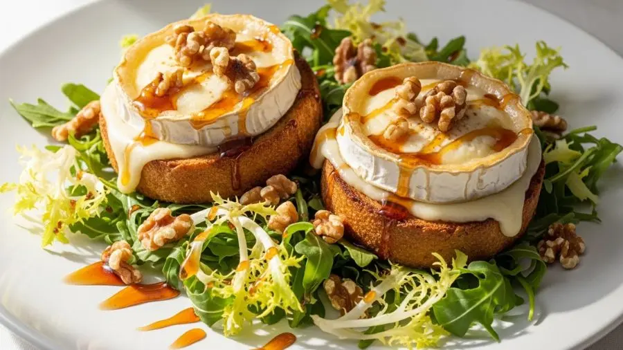 "Salade de chèvre chaud clássica — Crottin grelhado sobre torrada com folhas amargas e mel"