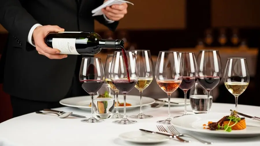 Sequência de taças de vinho sendo servidas por sommelier em restaurante.