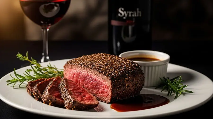 "Steak au poivre com crosta de pimenta preta e taça de Syrah ao fundo" 