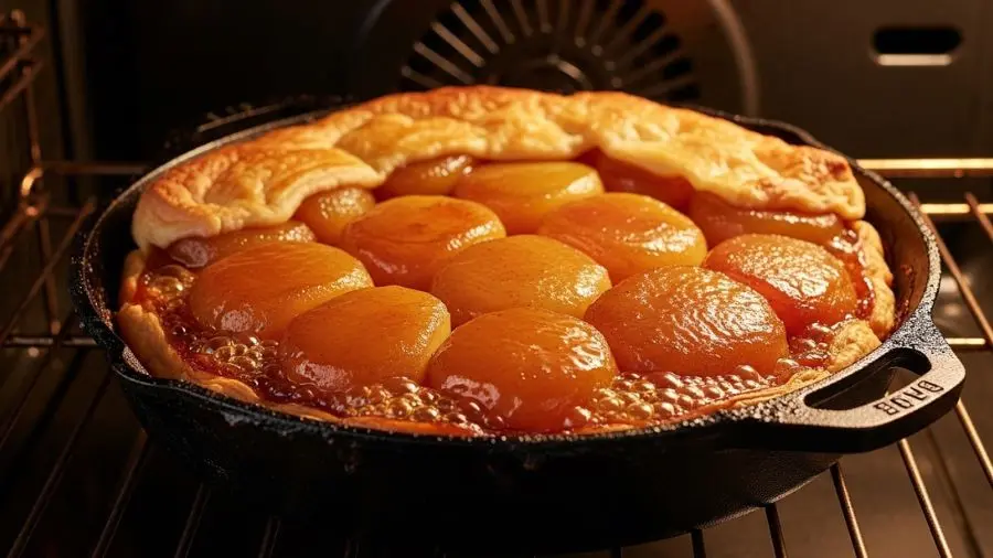 "Tarte Tatin em frigideira de ferro com caramelização âmbar visível nas bordas"