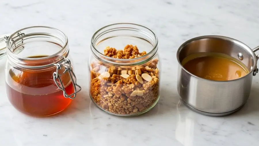 "Três derivados da caramelização: calda âmbar, pralinê e gastrique" 