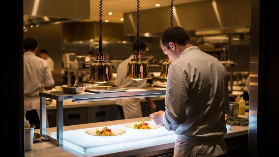 "Verificação final de prato no passe de cozinha estrelada — sous-chef antes do envio para a sala"