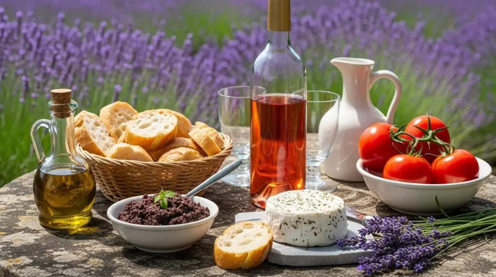 "almoço provençal rústico com tapenade queijo de cabra azeite local rosé e tomates frescos"