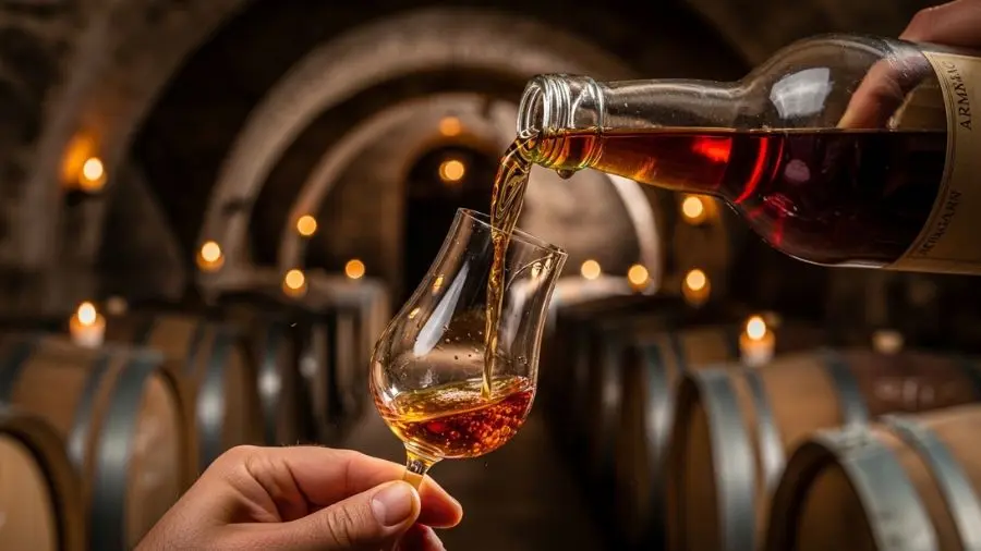"armagnac envelhecido sendo servido em taça tulipa cor âmbar profundo em adega rústica gascã com barris de carvalho" 