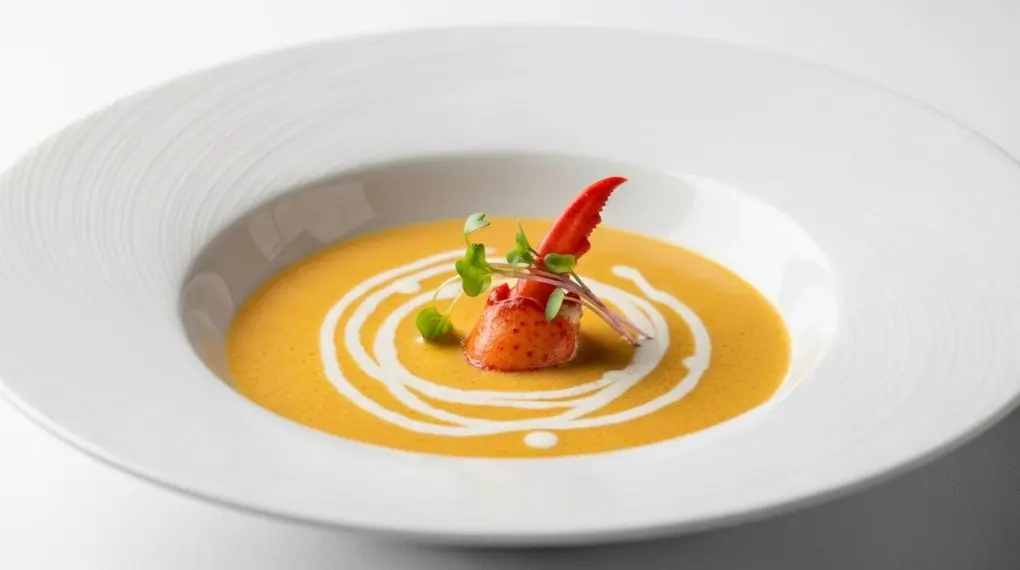 "bisque de lagosta em bowl branco elegante com fio de creme e garra de lagosta como guarnição"