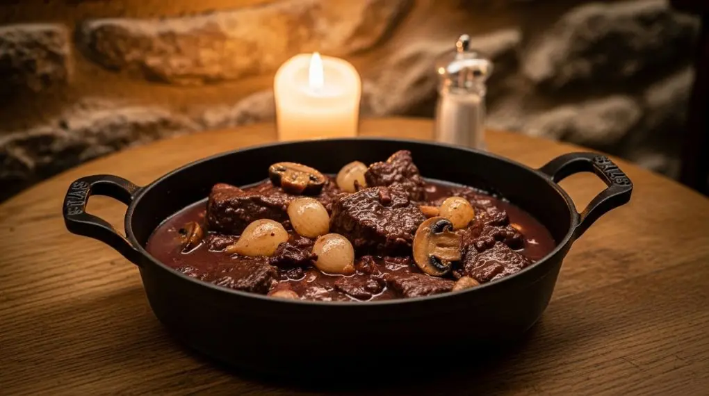 "boeuf bourguignon borgonhês autêntico em cocotte de ferro com cebolas pérola e cogumelos"
