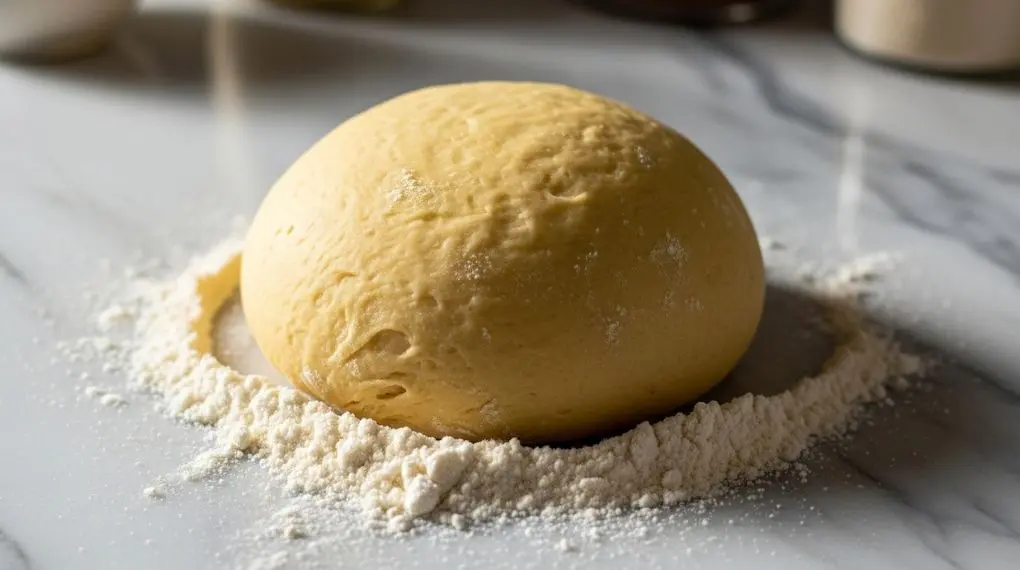 "bola de massa fresca de tagliatelle caseiro descansando sobre superfície de mármore enfarinhada"