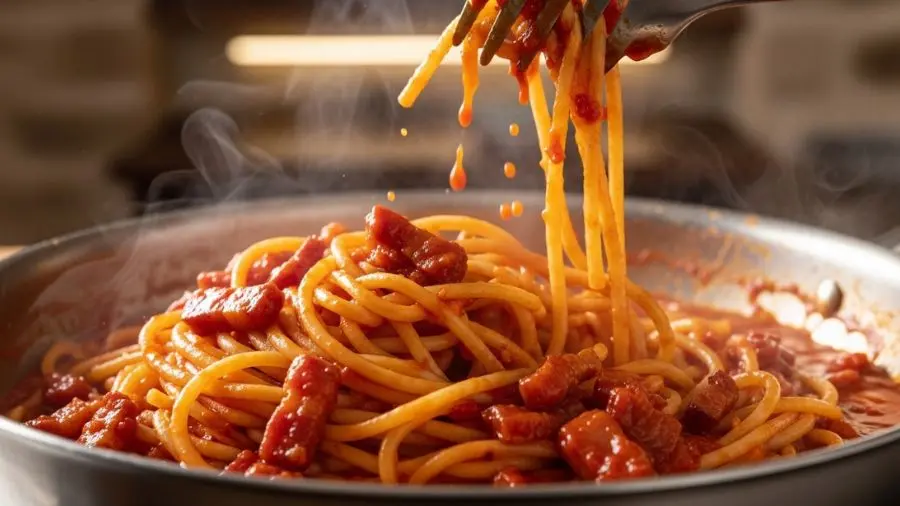 "bucatini sendo finalizado na frigideira com molho amatriciana guanciale e água de cozimento criando molho brilhante"