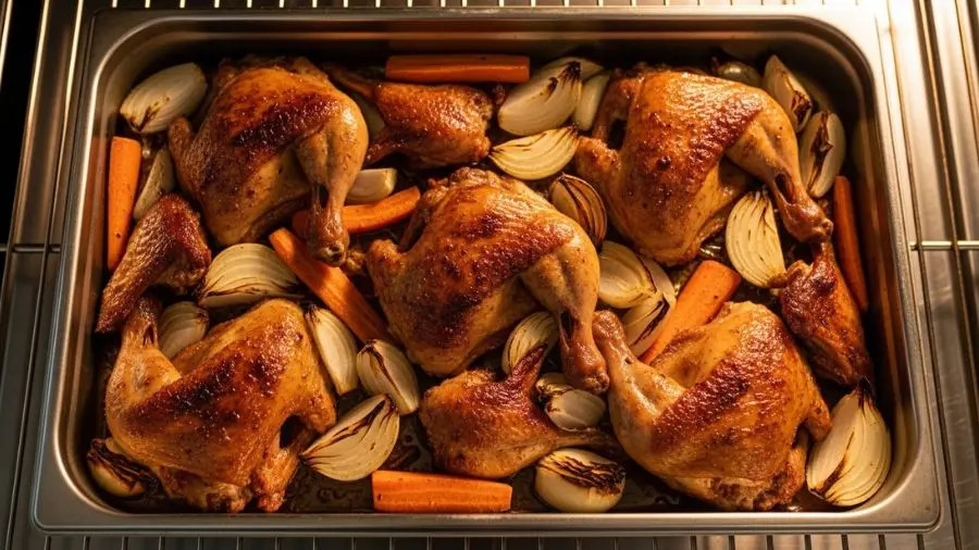 "carcaças de frango e pontas de asa assando em assadeira grande com coloração dourada escura e legumes caramelizados" 