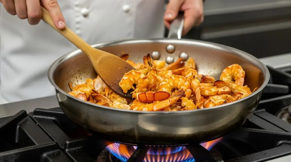 "cascas de camarão e lagosta sendo tostadas a seco em panela pesada desenvolvendo cor laranja intensa" 