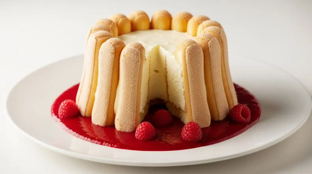 charlotte russe clássica desmoldada em prato branco com coulis de framboesa ao redor e biscoito champagne visível nas laterais