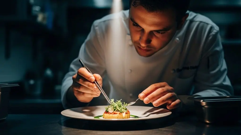 chef de cozinha emplatando prato de alta gastronomia com pinça em cozinha profissional iluminada com luz fria de bancada