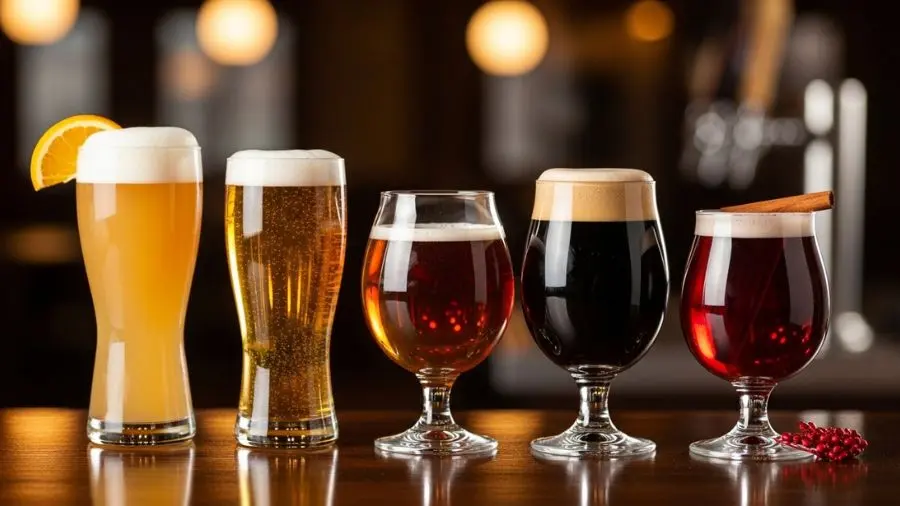 cinco estilos de cerveja francesa e belga alinhados em barra de madeira. 