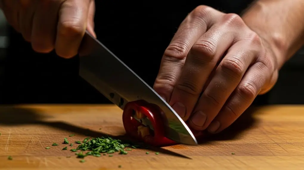 close nas mãos de um chef com cicatrizes e queimaduras trabalhando com faca em tábua de madeira profissional