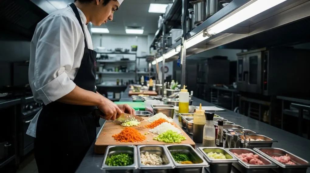 commis de cozinha de costas para a câmera fazendo mise en place em bancada de aço inox em cozinha profissional vazia antes do serviço