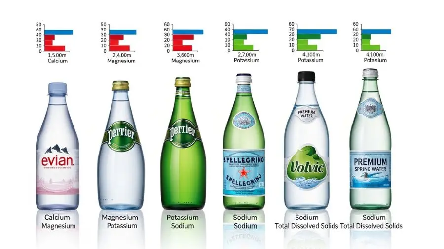 "comparação visual de garrafas de água mineral premium Evian Perrier San Pellegrino e Volvic com diferentes perfis minerais" 