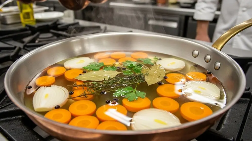 "Vinho branco, vinagre, ervas e vegetais. O court-bouillon é econômico nos ingredientes e generoso no resultado." -->