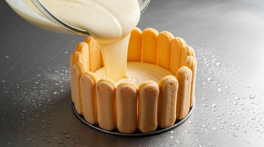 creme bavaresa sendo despejado lentamente dentro de forma cilíndrica forrada de biscoito champagne em bancada fria