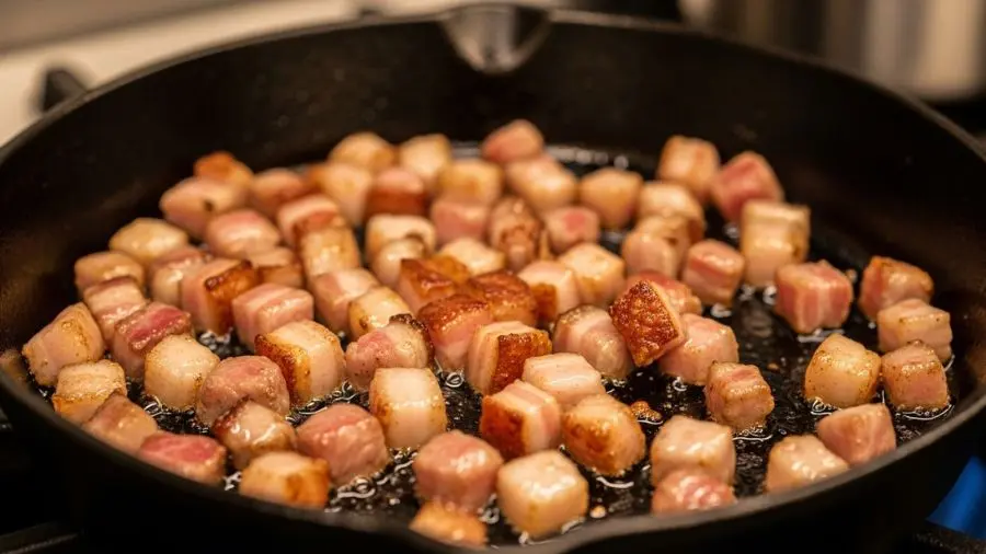 "cubos de guanciale derretendo em frigideira de ferro com gordura dourada e bordas crocantes sem cebola nem alho" 