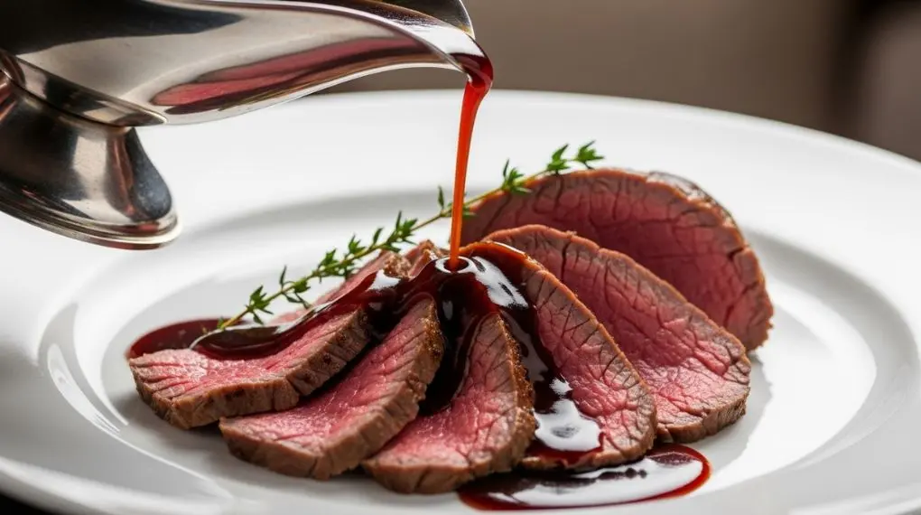 "demi-glace sendo servido sobre filé de boi em prato branco com apresentação de alta gastronomia" 