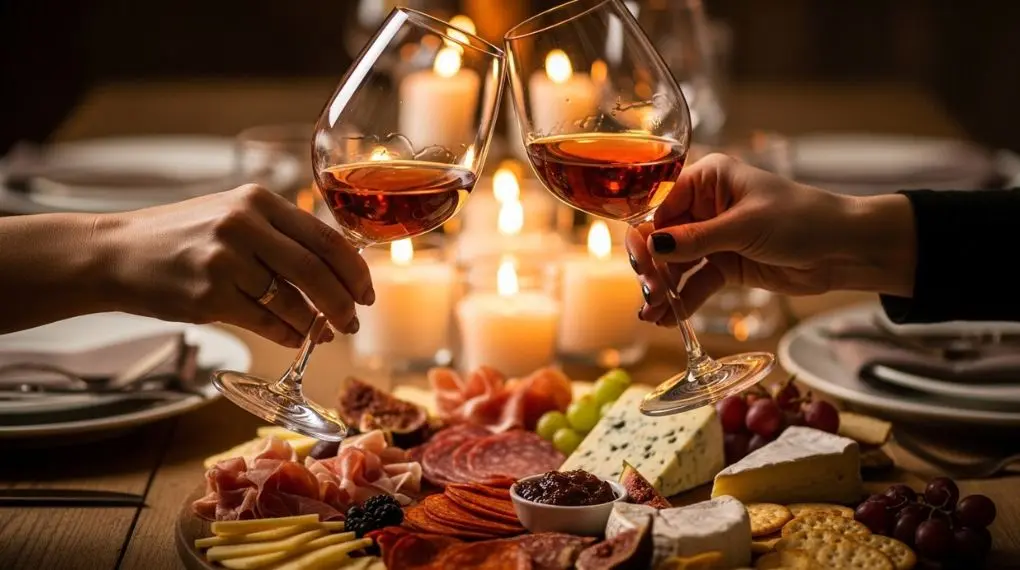 duas mãos brindando com taças de rosé sobre mesa com tábua de frios e queijos em luz de vela
