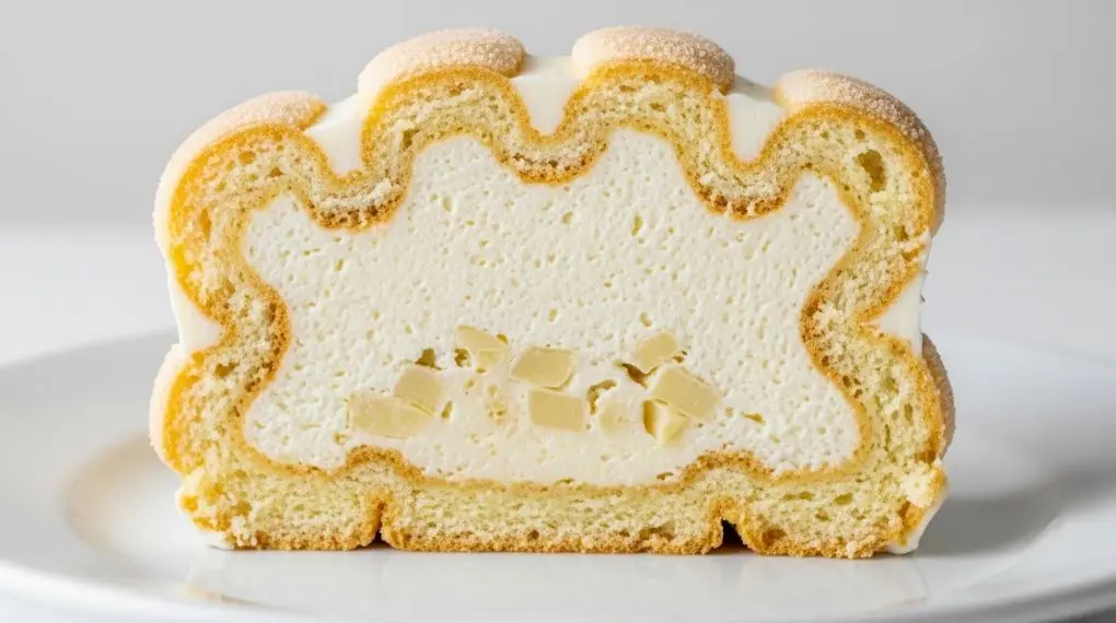 fatia de charlotte russe em prato branco mostrando interior de mousse bavaresa cremosa com camada de biscoito champagne nas bordas