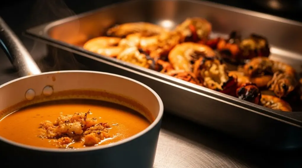 "fumet de crustáceos cor laranja-avermelhado intenso em panela de cerâmica branca com cascas tostadas ao fundo"